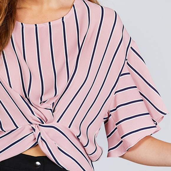 SHORT BELL SLEEVE ROUND NECK KNOT BACK BUTTON TOP - Picture 2 of 5